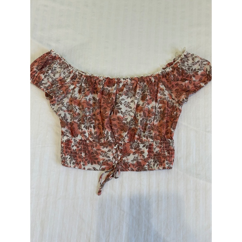 Aeropostale Floral Off The Shoulder Crop Top Smocked Lace Up Rust Brown Small